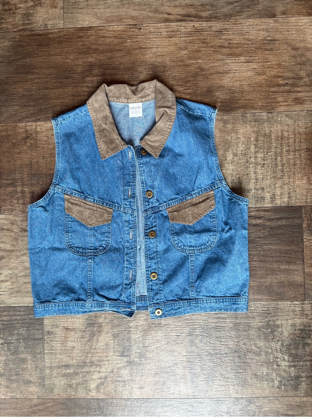 Cherokee Light Blue Denim Vest with Tan Collar